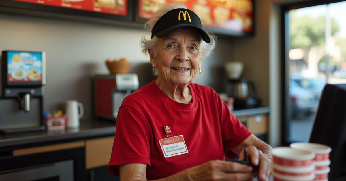 Elderly McDonald's employee smiling while working at the counter